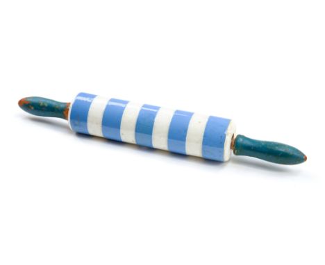 A T.G. Green blue Cornish Ware rolling pin, circa 1950's, green printed marker's mark, blue painted wooden handles, length 45