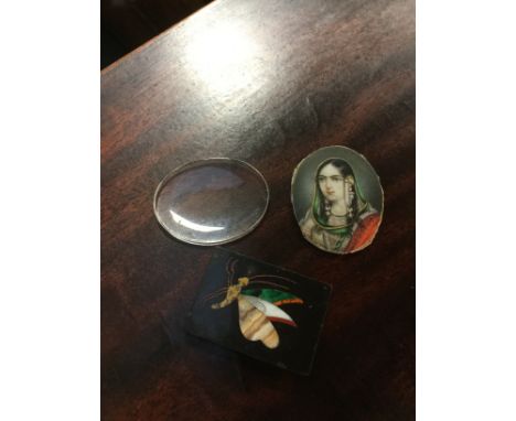  A miniature Ashford marble plaque with insect, width 2.5cm, together with an Indian portrait miniature (2)