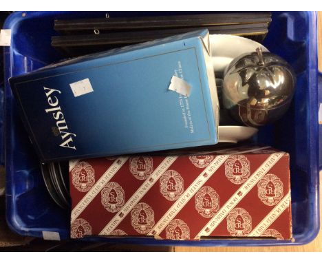 A miscellaneous collection of ceramic including limited edition forest plates, stainless steelmounted jam pots, tray; Aynsley