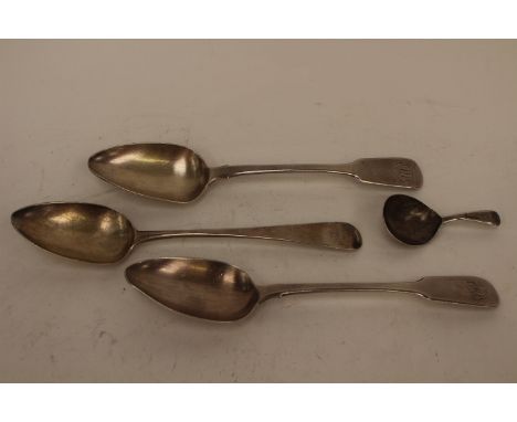 Three HM silver serving spoons, London 1806 and two London 1819, all initialed to the handle, repair to caddy spoon handle, a