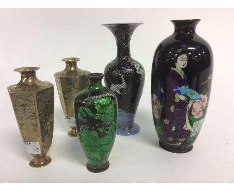 A Chinese green Closone narrow necked vase; (AF) A pair of brass engraved vases and a ceramic vase decorated with Cranes in f