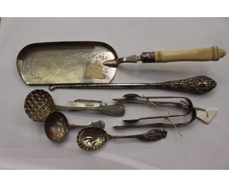 An ivory handled serving slice, Edward V11 1902, sugar dredger (Victorian) caddy spoon preserve spoon, pen knife (mother of p