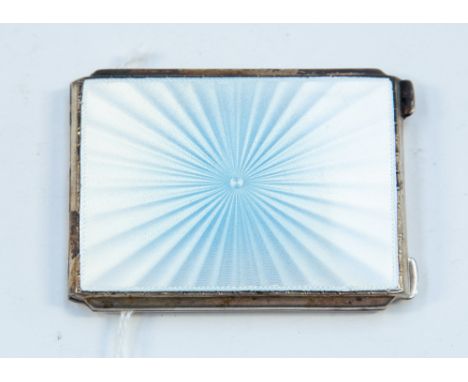 A silver and guilloche enamel compact, by Albert Carter, Birmingham 1936, of rectangular form, having sunburst sky blue guill