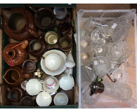 Three boxes of ceramics to include Royal Albert Country Rose plates, brown glazed jugs, cups and saucers, one box of glasswar