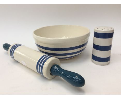 A mixing bowl, flower shaker and rolling pin all in ceramics, made by Sadler and Co, Stoke on Trent, 1950 (3)