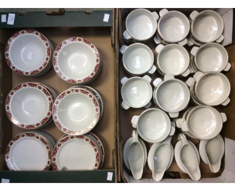 A large quantity of Hotel ceramic ware, comprising of; soup bowls, saucers, side plates, jugs, soup dishes, stamped Royal Mad
