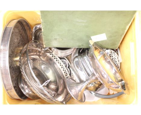 Assorted EPNS including galleried tray, three piece tea service, comports, etc (one box)