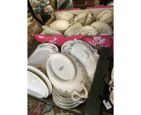A Minton Greenwich pattern part dinner and tea service, including servers and covers, chargers, gravy, cups etc (4 boxes)