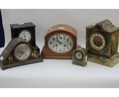 One box of Victorian / Art Deco mantle clocks, to include an Oriental / Japanese lacquered mantle clock, onyx and slate clock