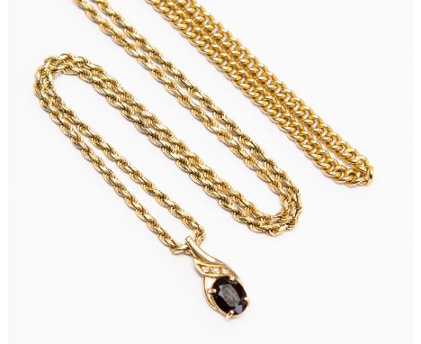 A garnet and diamond pendant set with oval garnet and round diamonds on a 9ct gold diamond cut rope twist chain, length appro