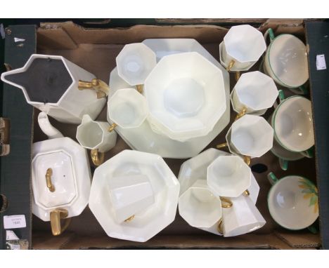 A Wedgwood Art Deco part tea service, reference Y967, white with gilt handles, pewter cover to the hot water jug etc