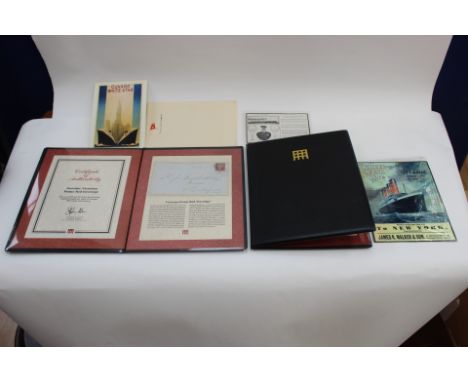 Pennied envelope in file, pre stamp signed letter in covers. Titanic related items including badges, tin plate sign, SS Olymp