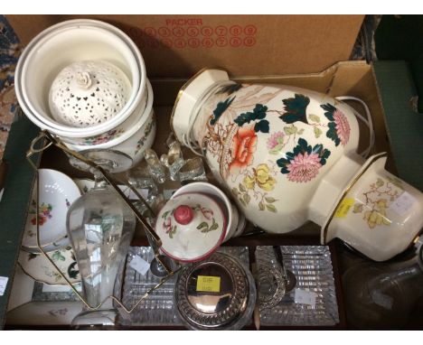 A box of assorted items to include Victorian engravings Trentham Hall, Staffordshire, framed postcard of the same hall, circu