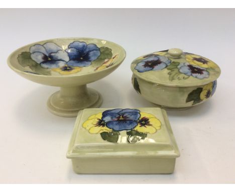 Moorcroft Pansy pattern, powder bowl with lid, with original sticker, 15 cms x 9 cms - similarly patterned pedestal dish 18 c