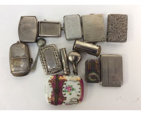 Porcelain card case, perfume bottle, puzzle box, vesta cases, book match holders snuff box etc 
