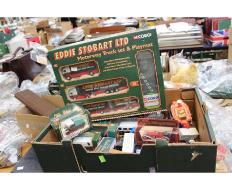 One box of boxed Corgi, Eddie Stobart lorries, various loose items including football related etc