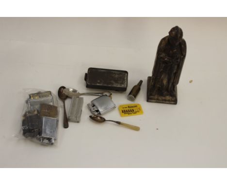 A collection of various items, including various lighters, a large lighter in the form of a warrior, two silver spoons etc