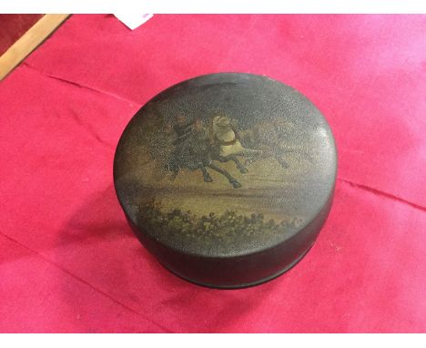 A Russian paper mache trinket box, racing horses hand painted on front