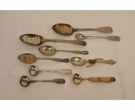 A pair of George II  spoons, four salt spoons, pair of Chester trefoid finial spoons and four various spoons, 7.00 troy oz an