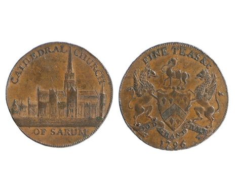 British Token, copper Halfpenny, 1796, Salisbury, CATHEDRAL CHURCH OF SARUM, reverse FINE TEAS &amp; C above a coat of arms a