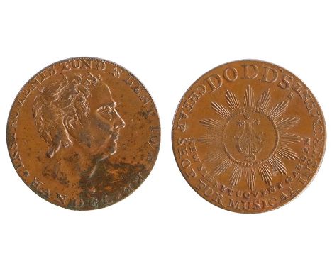 British Token, late 18th Century, Thomas Dodd, Copper Halfpenny, obverse bust in profile right, * HANDEL * INSTRUMENTS TUN’D 