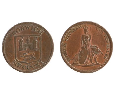 British Token, copper Halfpenny, NORWICH above coat of arms, reverse NEWTON SILVERSMITHS AND JEWELLER 