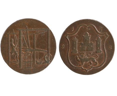 British Token, copper Halfpenny, 1792, with a loom to the obverse, coat of arms to the reverse, rim Payable at John Harvey of