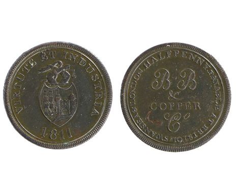 British Token, copper Halfpenny, 1811, obverse VIRTUTE ET INDUSTRIA with coat of arms, reverse ONE PENNY PAYABLE AT BRISTOL S