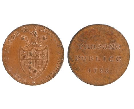 British Token, copper Halfpenny, 1793,  MAY THE TRADE OF SUDBURY FLORISH, with the coat of arms of Sudbury, reverse PROBONO P