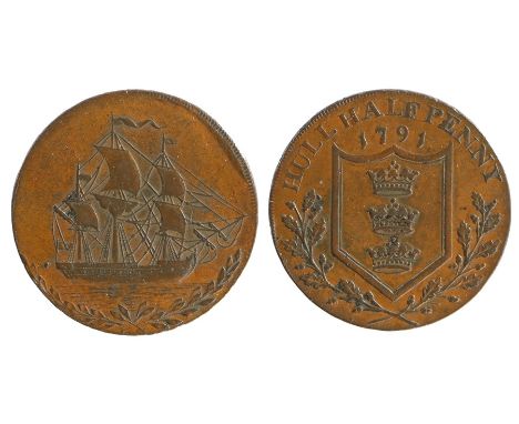 British Token, copper Halfpenny, 1791, HULL HALFPENNY, reverse with coat of arms