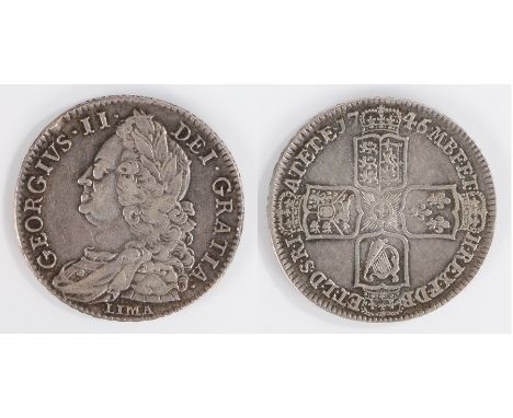 George II Half Crown, 1746, Old Laurette head, LIMA below bust, cruciform shields