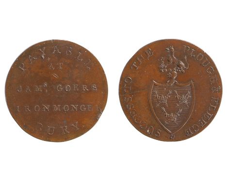 British Token, copper Halfpenny, 1795, SUCCESS TO THE PLOUGH &amp; FLEECE with the coat of arms of Bury St Edmunds, reverse P