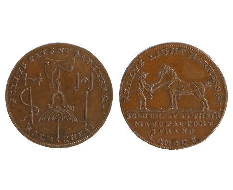 British Token, copper Halfpenny, late 18th Century, Kellys Patent Sadlery &amp; C, Sold Cheap, with saddlery items shown, the