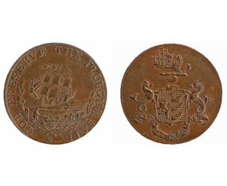 British Token, copper Halfpenny, 1795, GOD PRESERVE THE PLOUGH AND SAIL, with a ship at sail, reverse with Ipswich coat of ar
