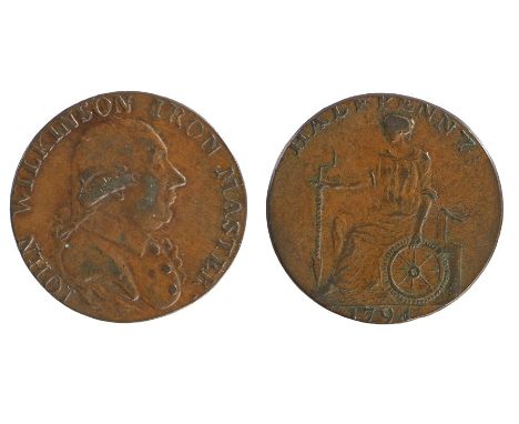British Token, copper Halfpenny, 1794, obverse JOHN WILKINSON IRON MASTER with portrait bust, the reverse HALFPENNY above fig