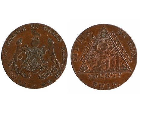 British Masonic Token, copper Halfpenny, with Freemasons coat of arms, Prince of Wales Elected CM 24 NOC 1790