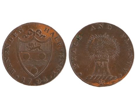 British Token, copper Halfpenny, 1794, BENENDEN HALFPENNY  with coat of arms, reverse PEACE AND PLENTY, rim Thomas Reeves Ben