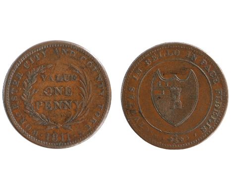 British Token, copper Penny, 1811, WORCESTER CITY AND COUNTY TOKEN, VALUE ONE PENNY in wreath, reverse CIVITAS IN BELLO IN PA