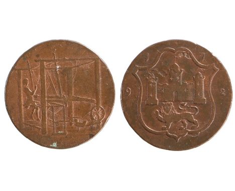 British Token, copper Halfpenny, 1792, with a loom to the obverse, coat of arms to the reverse, rim Payable at John Harvey of