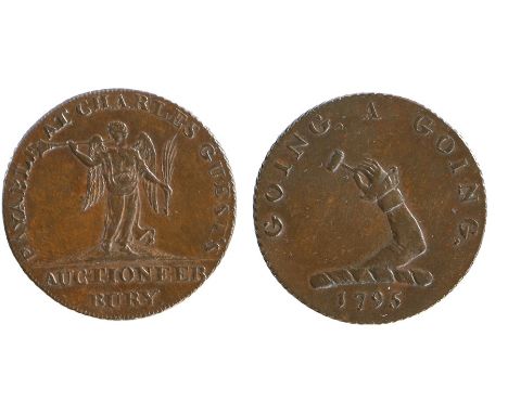 British Token, copper Halfpenny, 1795, Suffolk,  PAYABLE AT CHARLES GUESTS AUCTIONEER BURY with a winged figure playing a tru