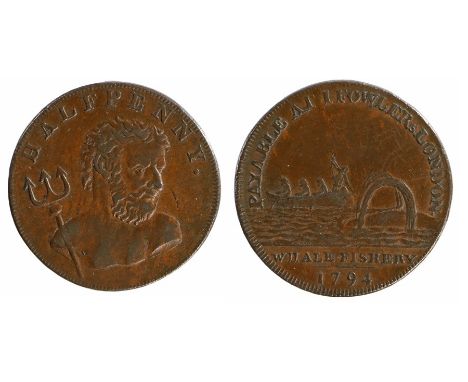 British Token, 1794, obverse Neptune with Trident, the reverse PAYABLE AT FOWLERS LONDON WHALE FISHERY with Whalers harpoonin