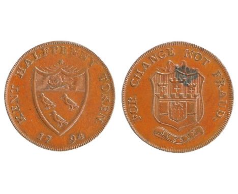 British Token, copper Halfpenny, 1794, KENT HALFPENNY TOKEN with coat of arms, reverse FOR CHANGE NOT FRAUD, rim Payable by I