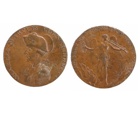 British Token, copper Penny, 1794, Bury St Edmunds, CHARLES MARQUIS CORNWALLIS with portrait bust of Admiral Nelson, reverse 