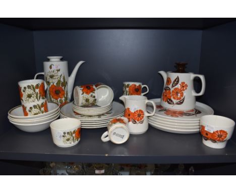 A selection of retro ceramics having vibrant orange floral patterns, one being Barker Bros Orange tango an the other J&amp;G 