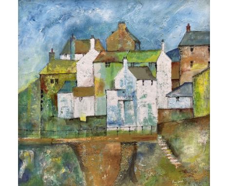 Ann Lamb (British 1955-): Staithes, mixed media on board signed 48cm x 48cm