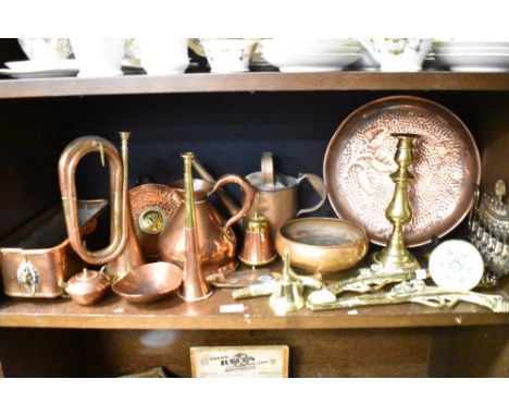 Antique and later brass and copper wares including Bugle, measure jug, Arts and Crafts tray etc