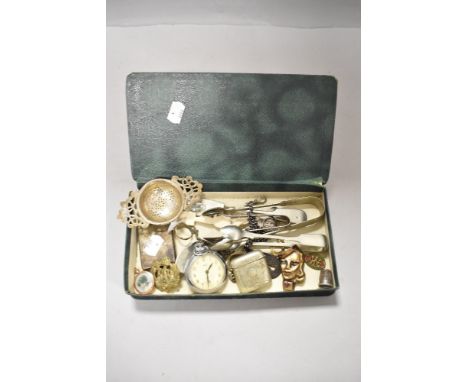 An intersting mixed lot of vintage and antique items including vesta case, brass brooch, sugar nips, strainer, pocket watch a