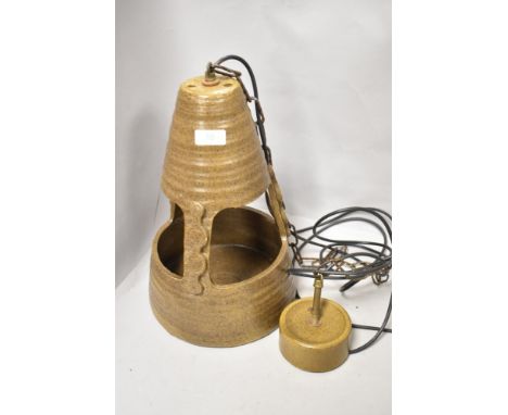 Mid century studio pottery ceiling drop light in the form of a Lantern