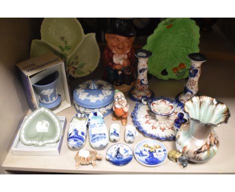 20th century ceramics including Wedgwood and Carlton ware.
pair of Staffordshire candle sticks and Chamber stick.&nbsp;
One c