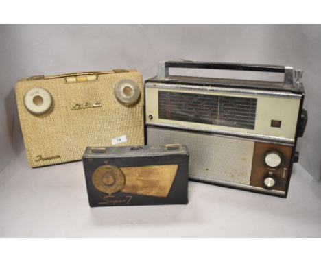 A trio of vintage radios including leather clad 'Super 7' and GEC transistor.